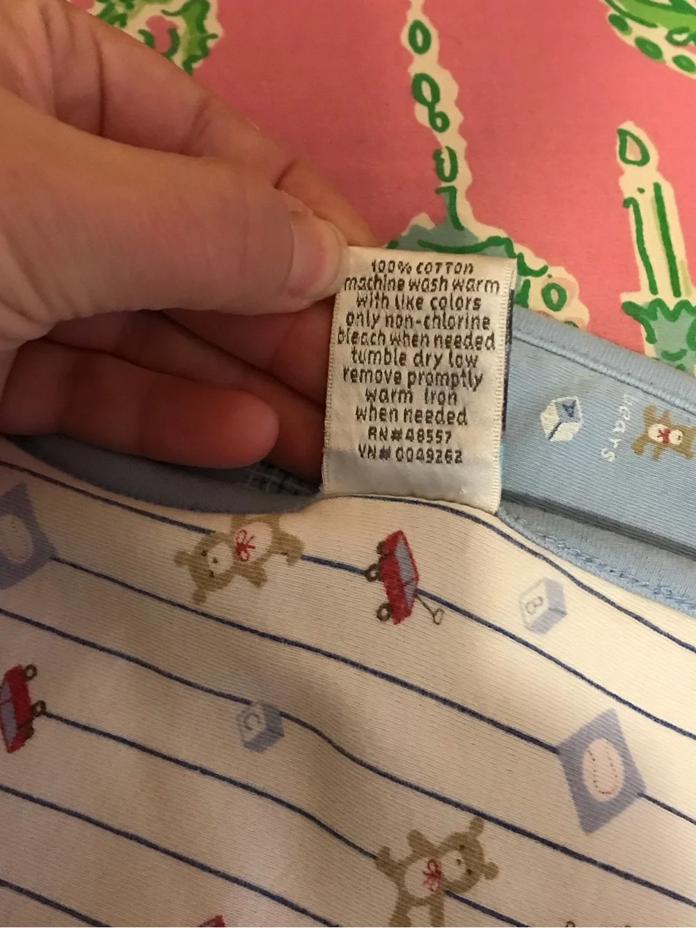 Vintage Sprockets Blue White Baby Blanket Cotton Stripe Teddy Bear & Red Wagon